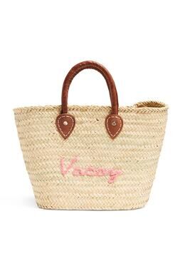 POOLSIDE Woven Straw Open Tote Pink “VACAY” Text Leather Handle Tote Purse